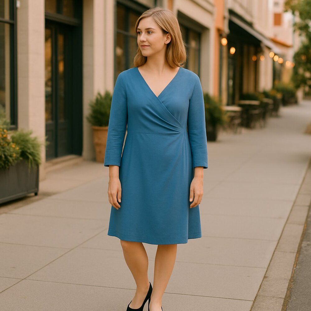 Soft Surroundings Midi Dress Size L Teal-Green/Blue Ruched Cotton Blend
